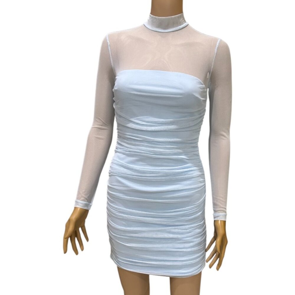 Love By Design Women's Light Blue Bodycon Ruched Long Sleeves Mesh Dress XS NWOT